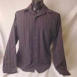Geoffrey Beene Fitted Men's Dress Shirt Brown w/ Dark & Light Blue Stripes L